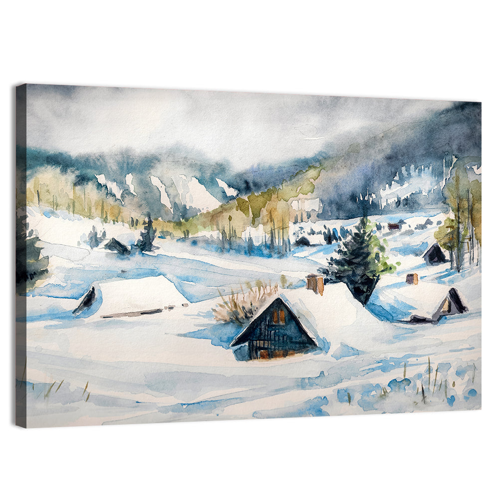 Snowy Mountain Village Wall Art, canvas print, landscape