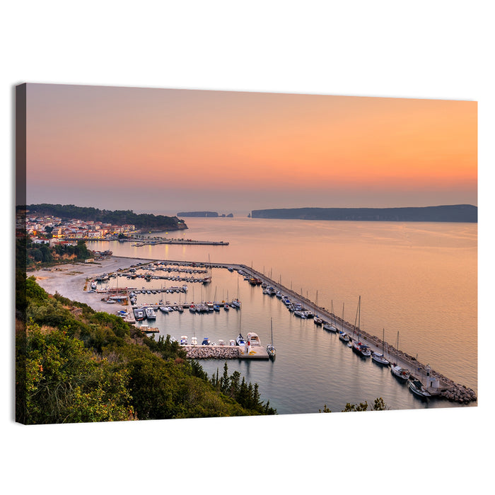Pylos Harbor Lighthouse Sunset Wall Art as a canvas print