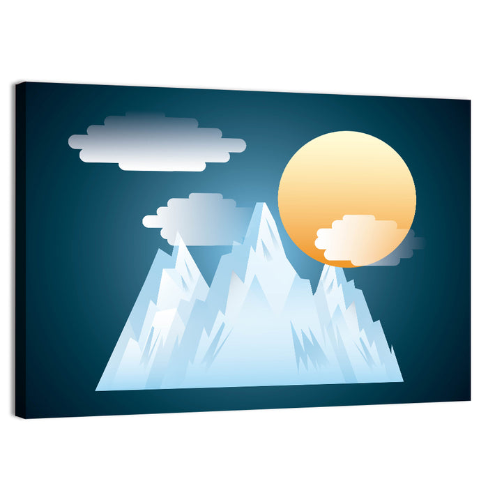Geometric Snowy Mountain with Golden Sun Wall Art as a canvas print
