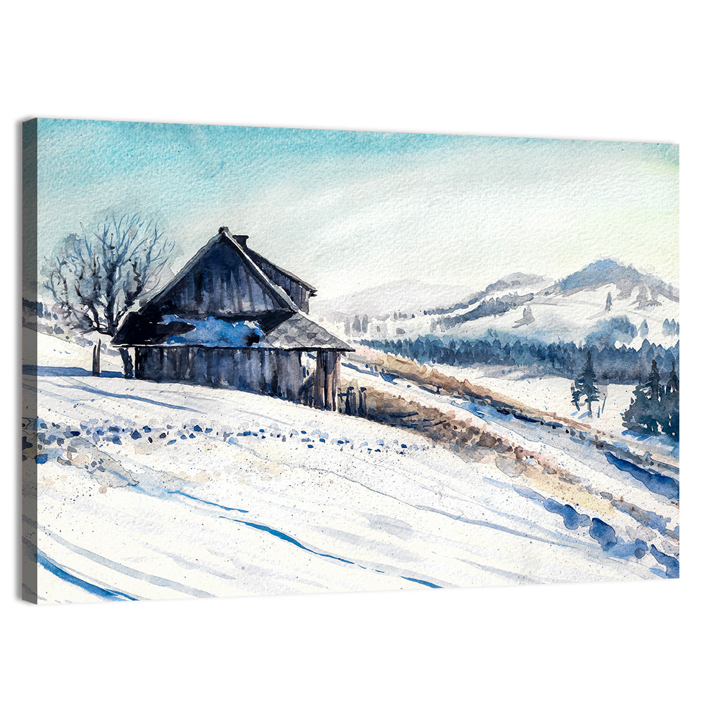Snowy Mountain Cabin Wall Art, canvas print, landscape
