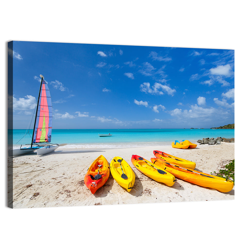 Yellow Kayaks on Tropical Beach Wall Art, canvas print, landscape