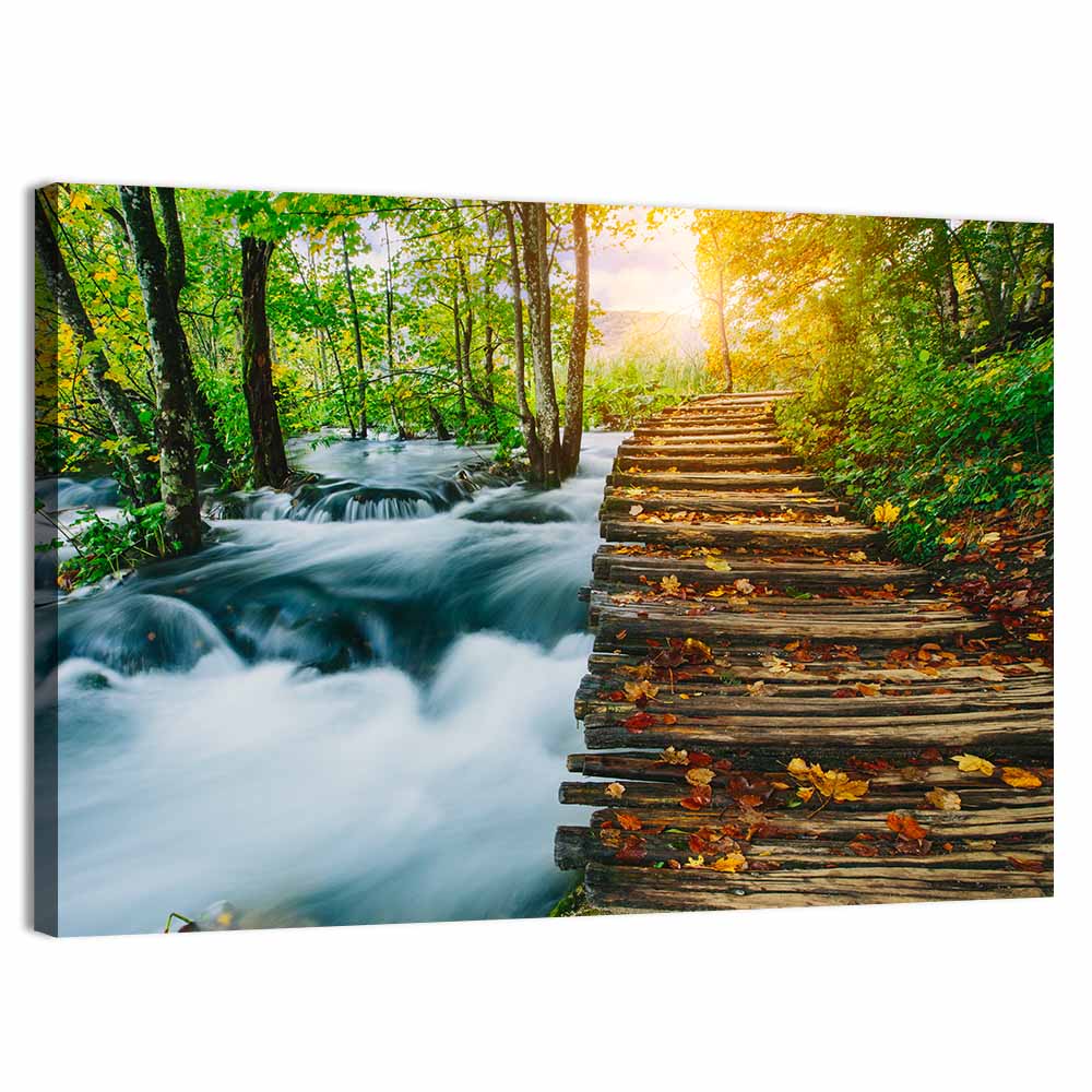 Plitvice Lakes Autumn Walkway Wall Art, canvas print, landscape