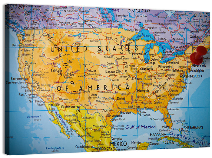 Vintage USA Map with Northeastern Pushpin Wall Art as a canvas print