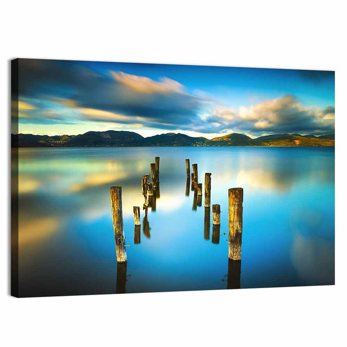 Golden Hour Pier on Lake Wall Art as a canvas print