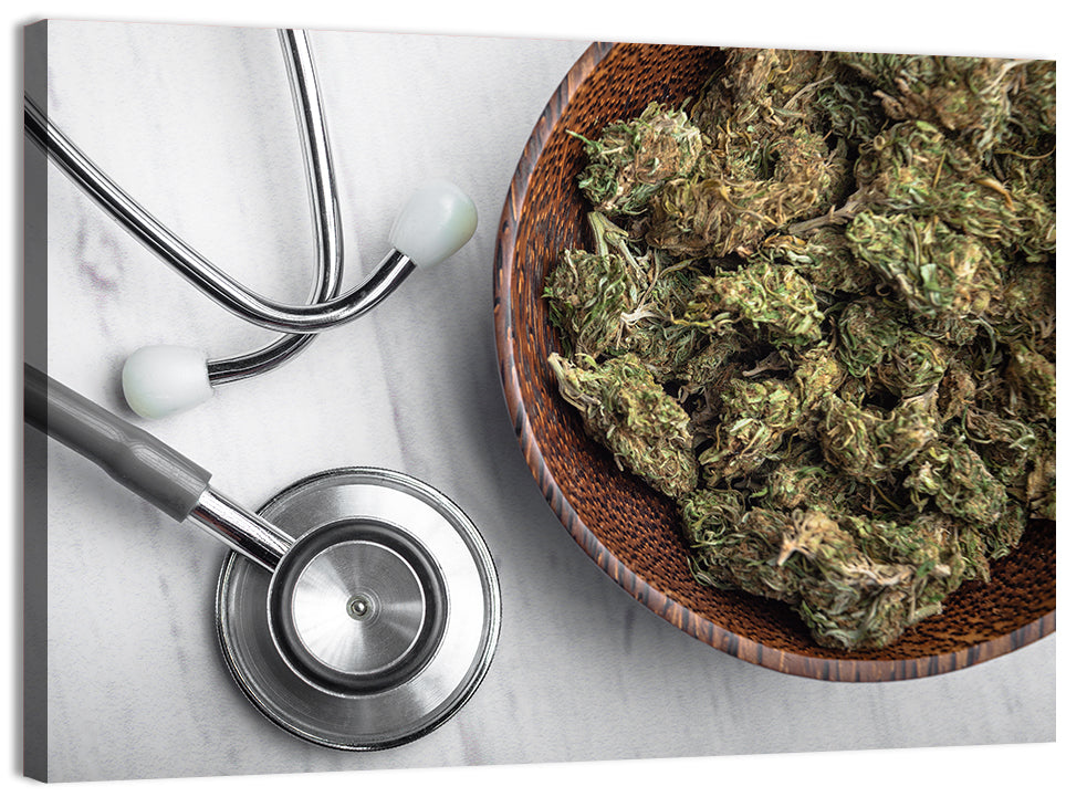 Stethoscope and Medical Cannabis Still Life Wall Art, canvas print, landscape