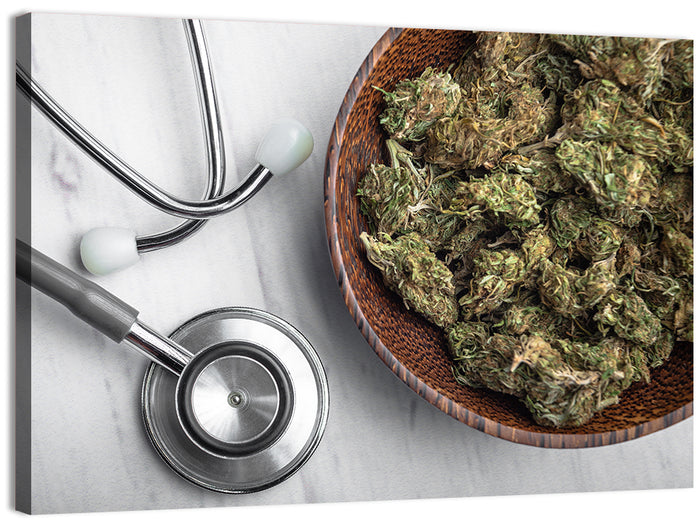 Stethoscope and Medical Cannabis Still Life Wall Art as a canvas print