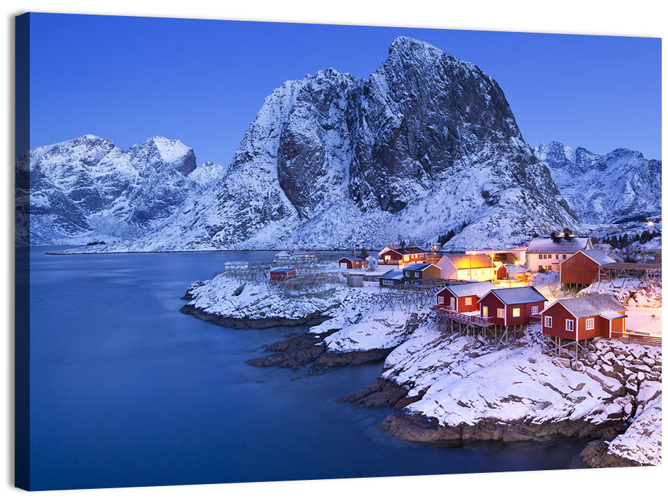 Hamnøy Red Cabins at Winter Dusk Wall Art, canvas print, landscape