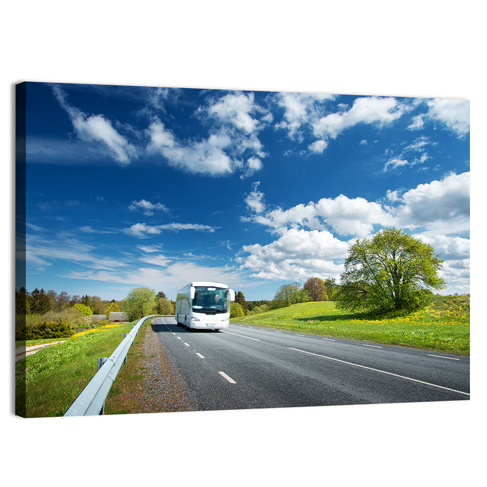 White Bus on Meadow Road Wall Art, canvas print, landscape