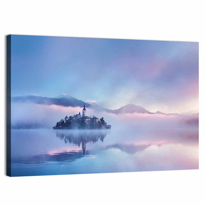 Bled Island Church in Mist Wall Art as a canvas print