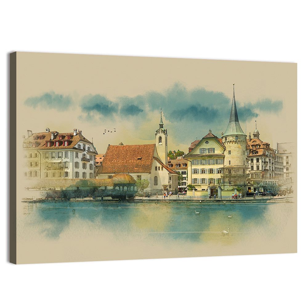 Lucerne Waterfront Sketch Wall Art, canvas print, landscape