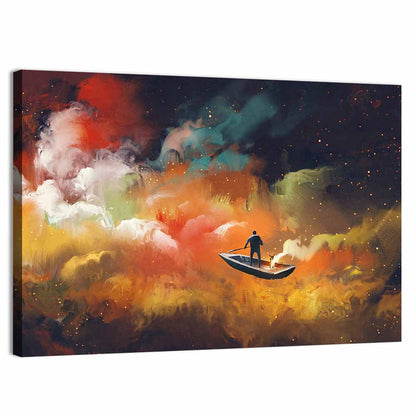 Solitary Man in Boat Under Celestial Clouds Wall Art