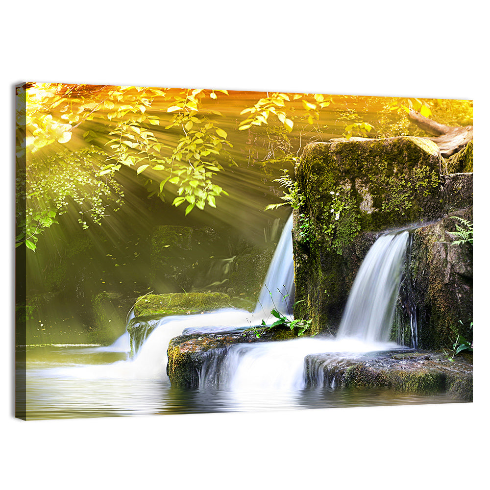 Sunlit Forest Waterfall Wall Art