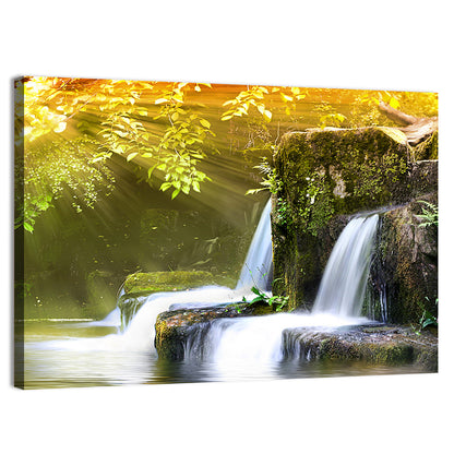 Sunlit Forest Waterfall Wall Art