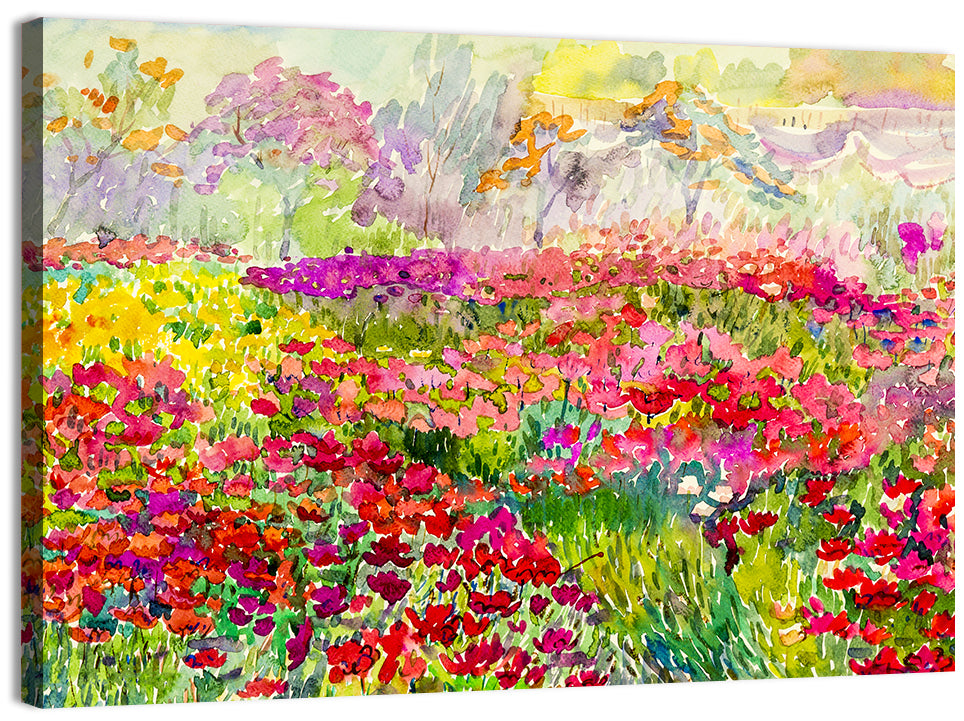 Summer Poppy Meadow Watercolor Wall Art, canvas print, landscape