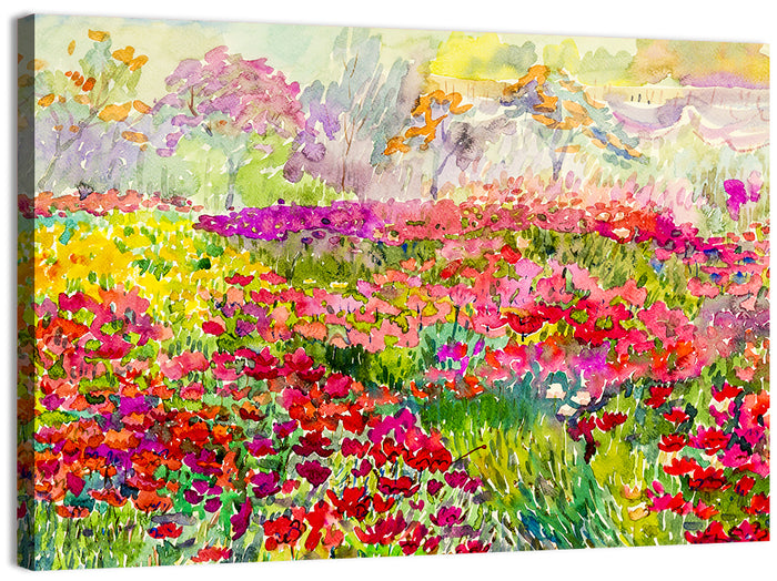 Summer Poppy Meadow Watercolor Wall Art as a canvas print