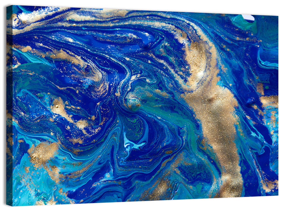 Blue and Gold Liquid Marble Swirls Wall Art, canvas print, landscape