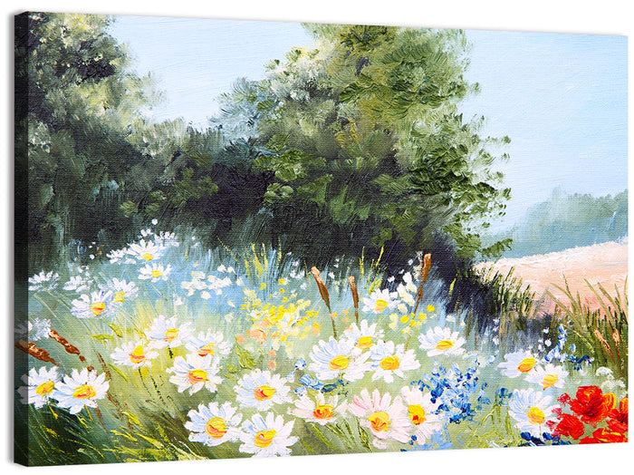 Sunny Daisy Meadow with Red Poppies Wall Art as a canvas print