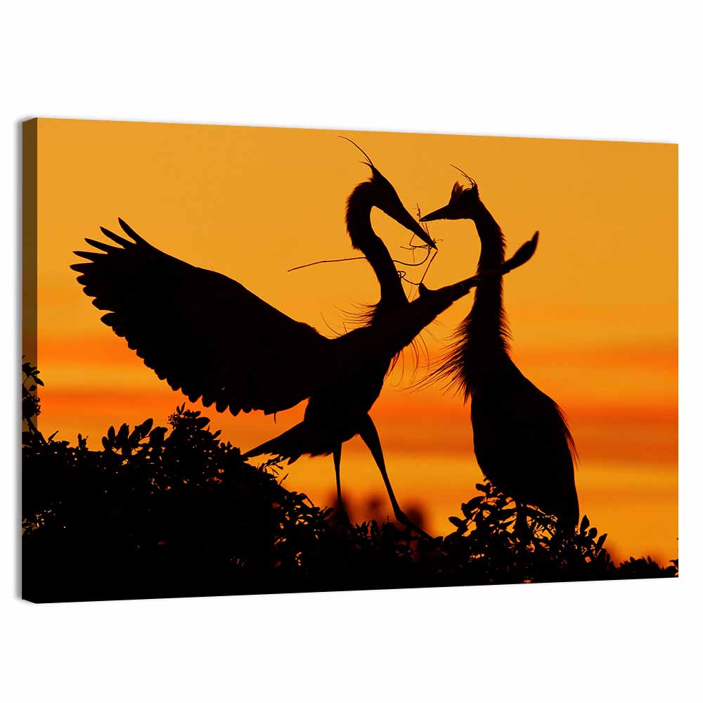 Heron Pair at Sunset Wall Art, canvas print, landscape