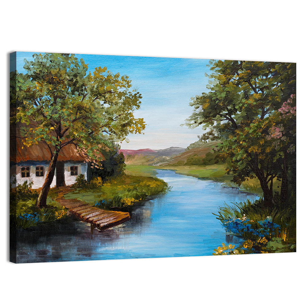 Thatched Cottage by the River Wall Art, canvas print, landscape
