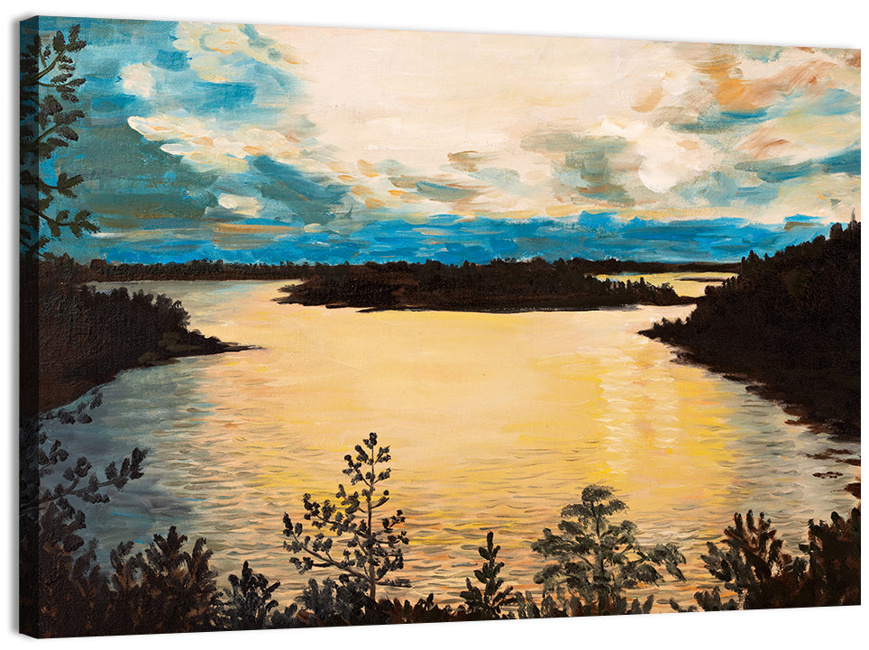 Golden Lake Sunset Painting Wall Art