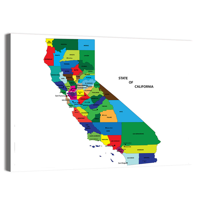 California Map with Colored Counties Wall Art as a canvas print