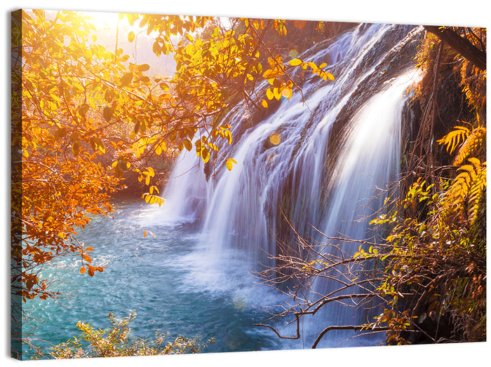 Golden Hour Waterfall in Autumn Forest Wall Art as a canvas print