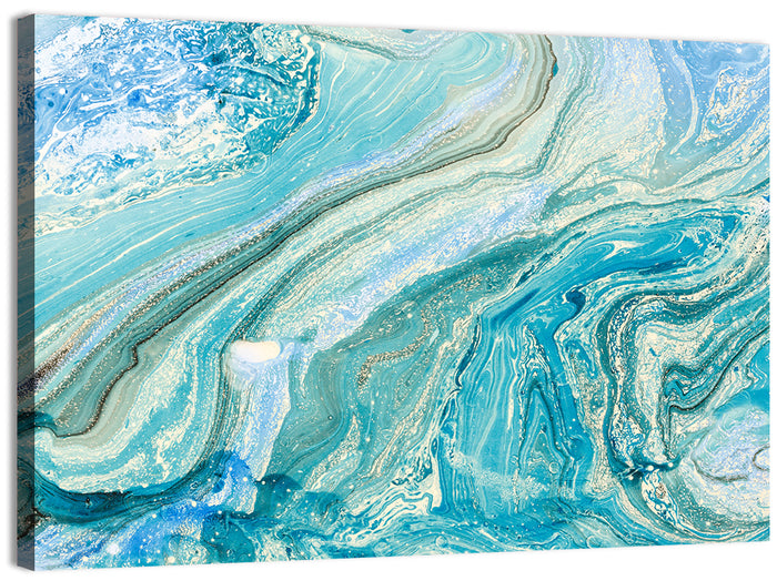 Aqua Marble Swirls with Silver Accents Wall Art as a canvas print