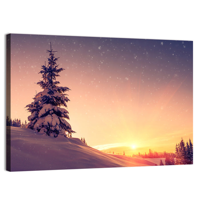 Snowy Sunset with Conifer Wall Art as a canvas print