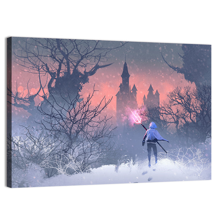Knight with Glowing Trident Wall Art as a canvas print