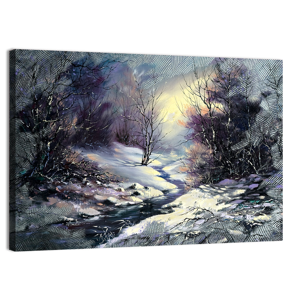Sunlit Frozen Stream in Winter Forest Wall Art, canvas print, landscape