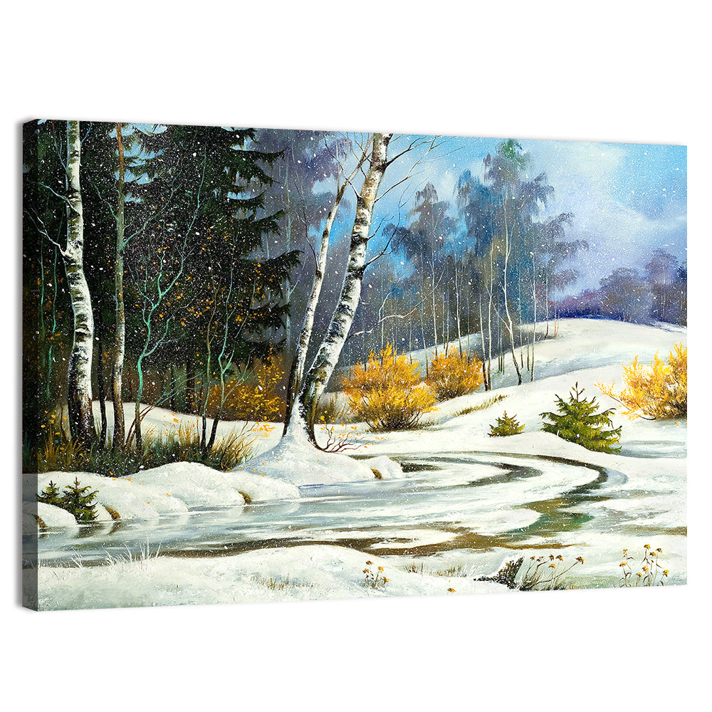 Birch Trees and Frozen Creek Landscape Wall Art