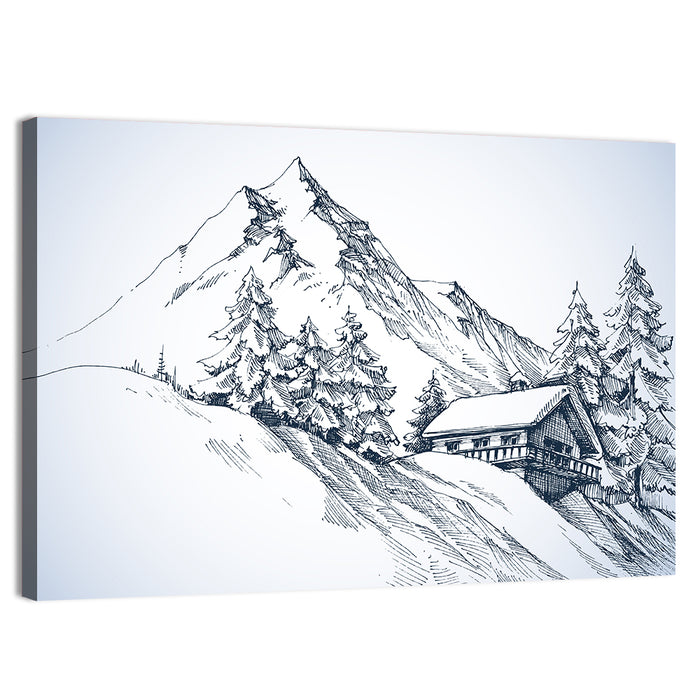 Snowy Mountain Cabin Sketch Wall Art as a canvas print