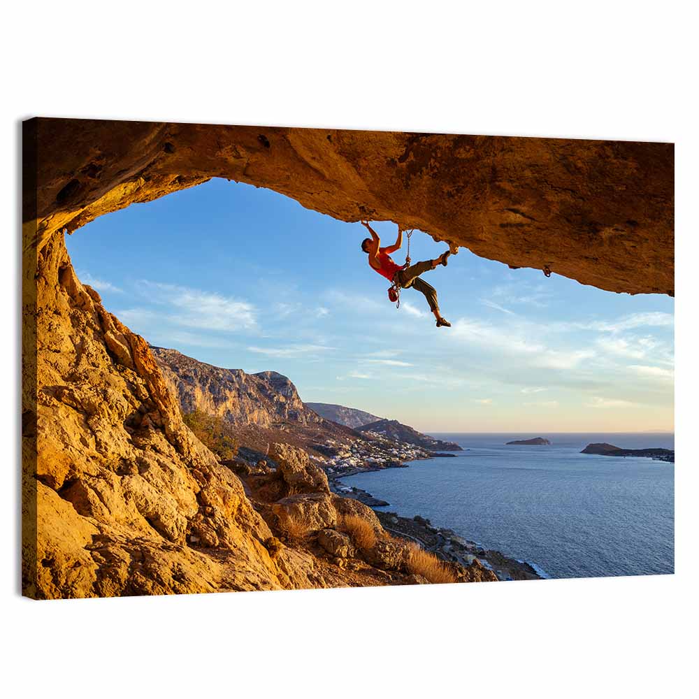 Climber on Overhanging Coastal Rock Wall Art