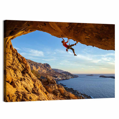 Climber on Overhanging Coastal Rock Wall Art
