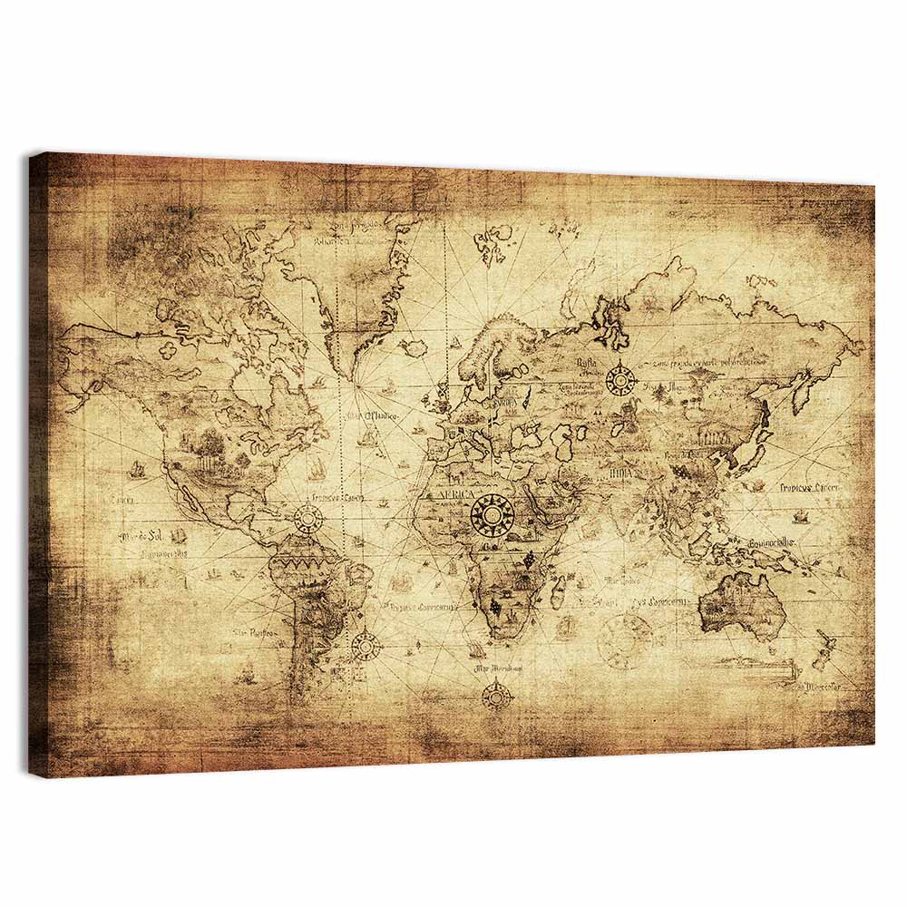 Antique Nautical World Map Wall Art