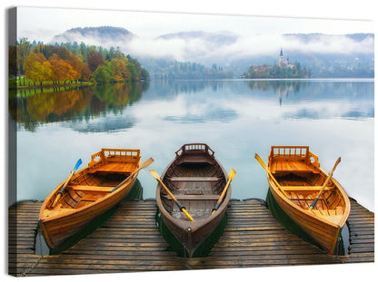 Moored Boats on Misty Lake Bled Wall Art
