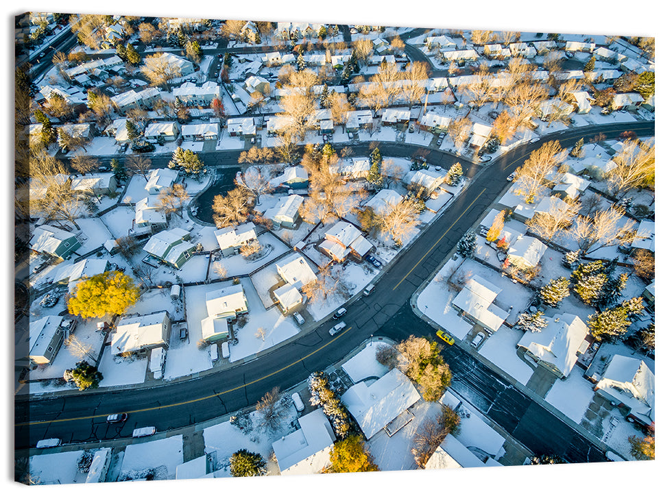 Snowy Fort Collins Neighborhood Aerial Wall Art, canvas print, landscape