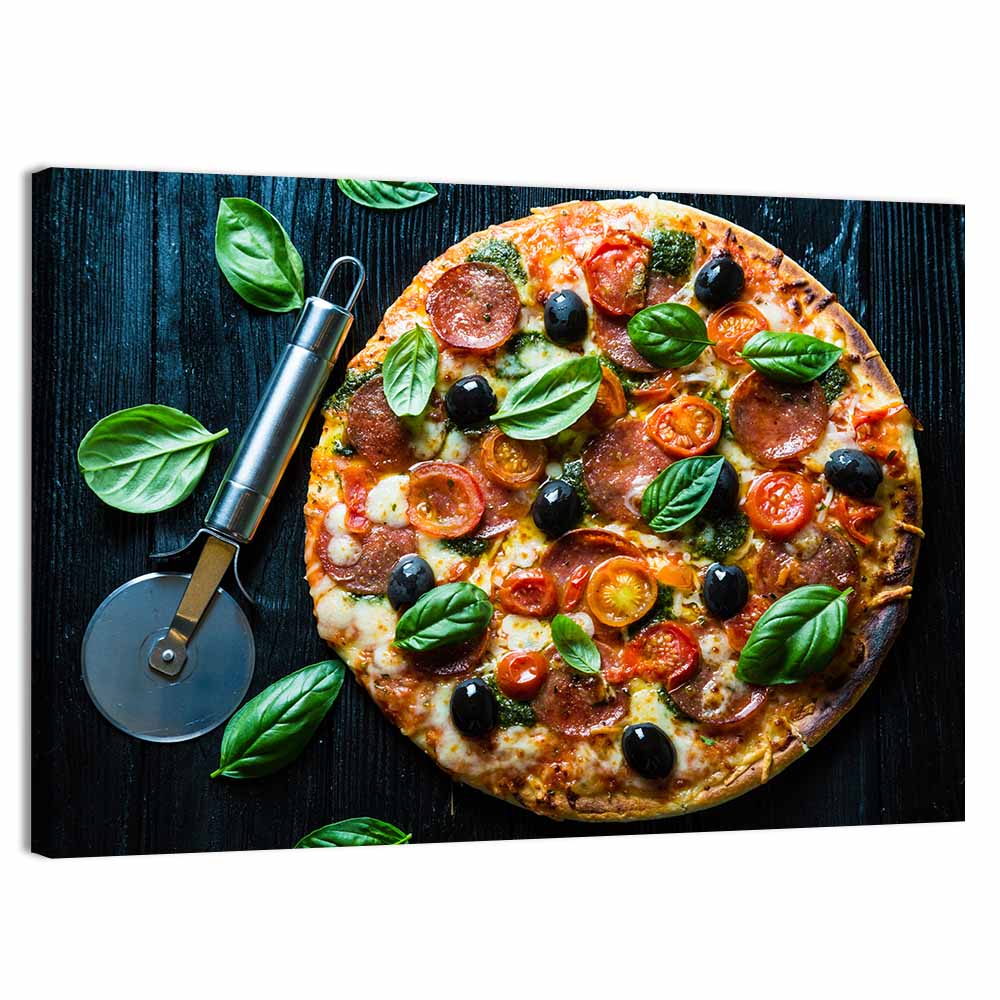 Top-down Pizza with Basil and Olives Wall Art