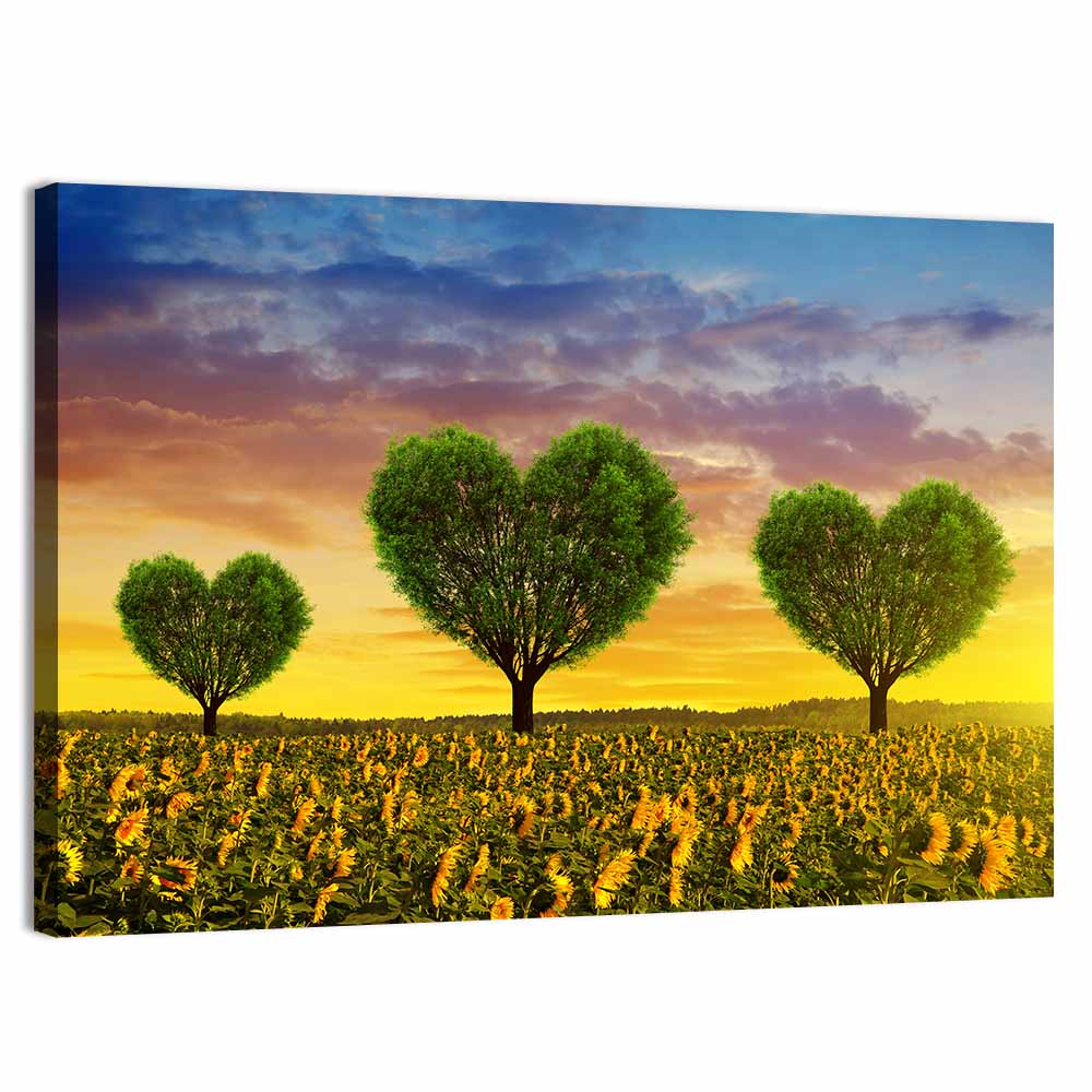 Sunflower Field with Heart Trees Wall Art