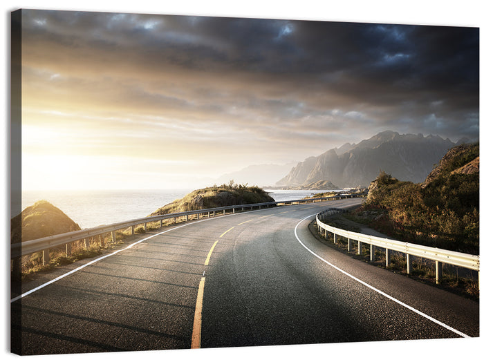 Golden Sunrise Coastal Road Wall Art as a canvas print