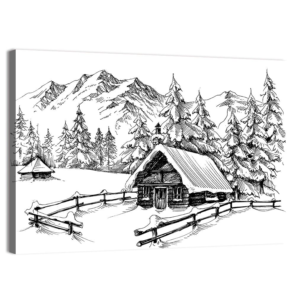 Snow-covered Mountain Cabin Wall Art, canvas print, landscape
