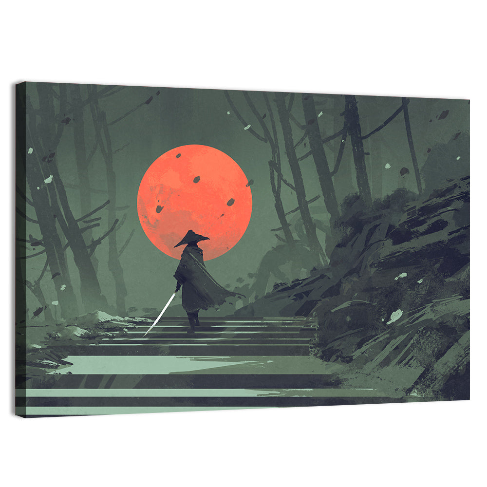 Samurai Under Red Moon Wall Art