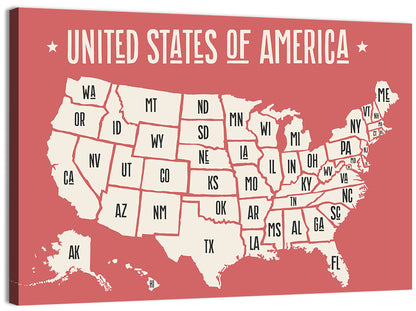 United States Map with State Abbreviations Wall Art