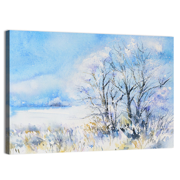 Blue Watercolor Winter Landscape Wall Art as a canvas print