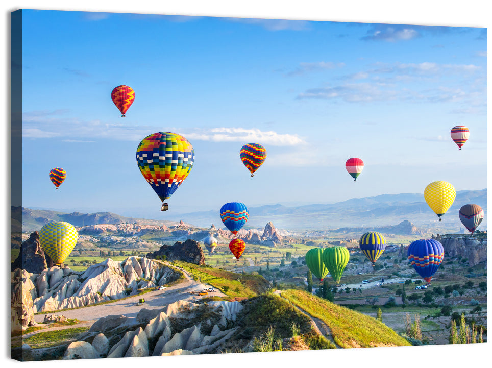 Cappadocia Hot Air Balloons Over Rock Valleys Wall Art, canvas print, landscape