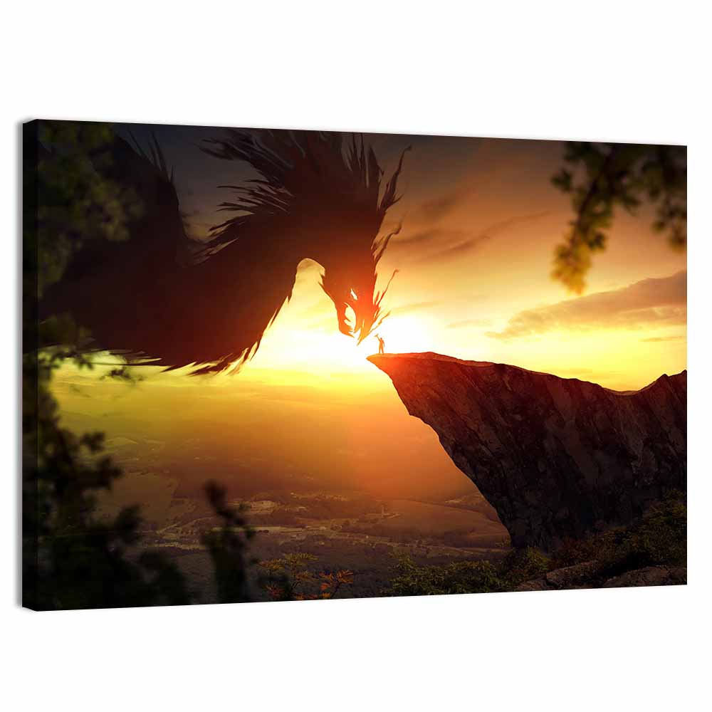 Man and Dragon at Sunset Wall Art, canvas print, landscape