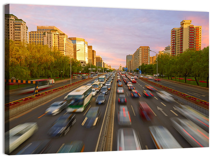 Beijing Sunset Traffic Streaks Wall Art as a canvas print