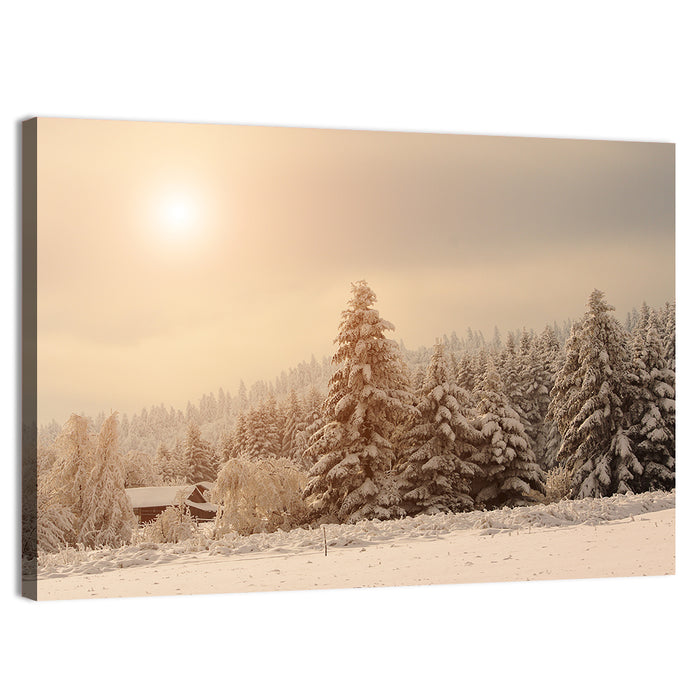 Snowy Pine Forest at Golden Hour Wall Art as a canvas print