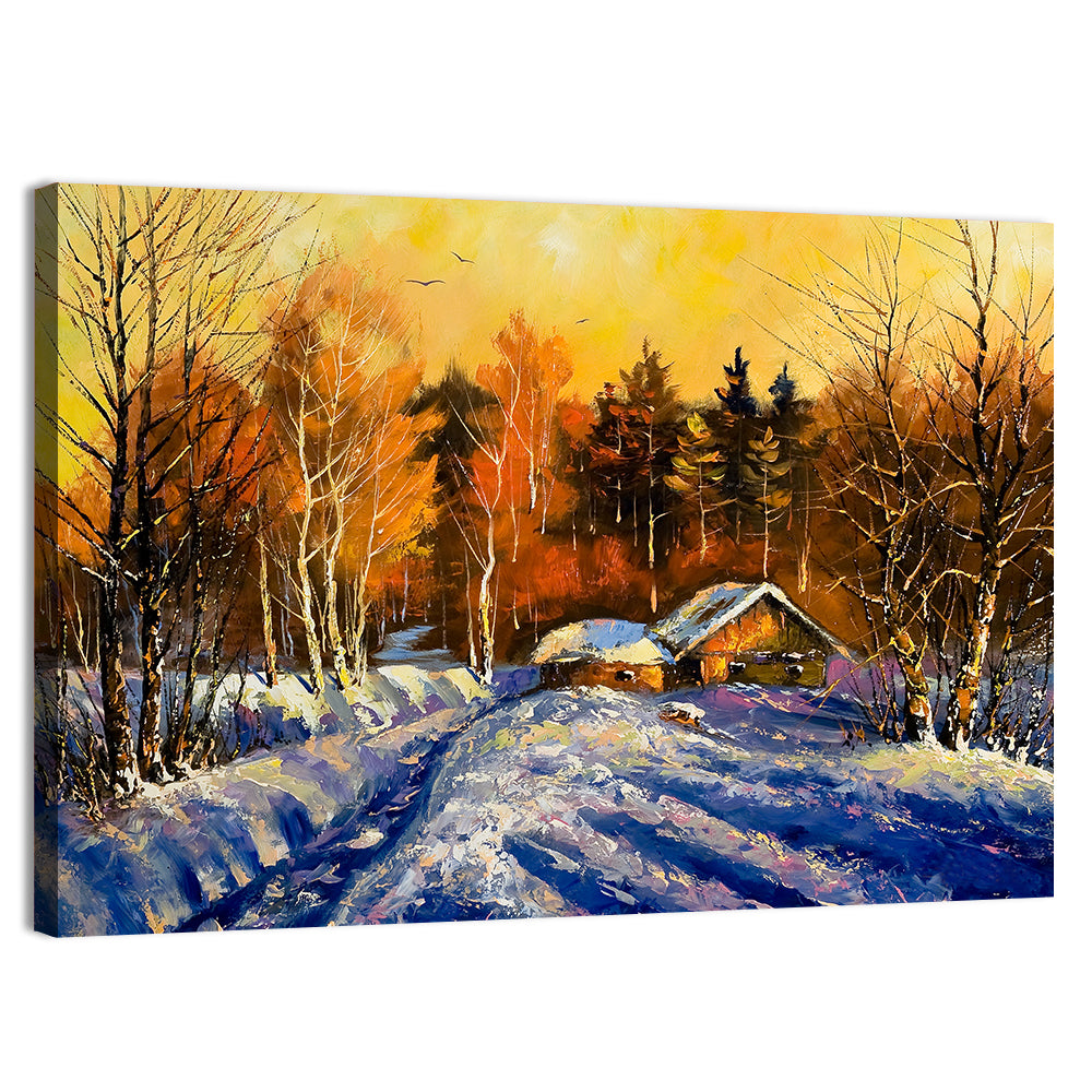 Winter Cottage Sunset Wall Art