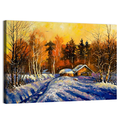 Winter Cottage Sunset Wall Art